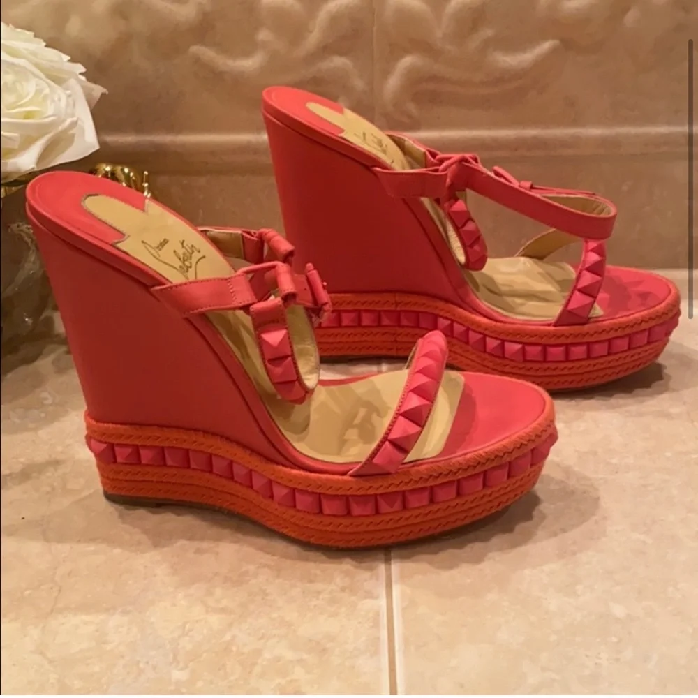 Christian Louboutin Pink and Orange Studded Espadrille Wedge Sandals